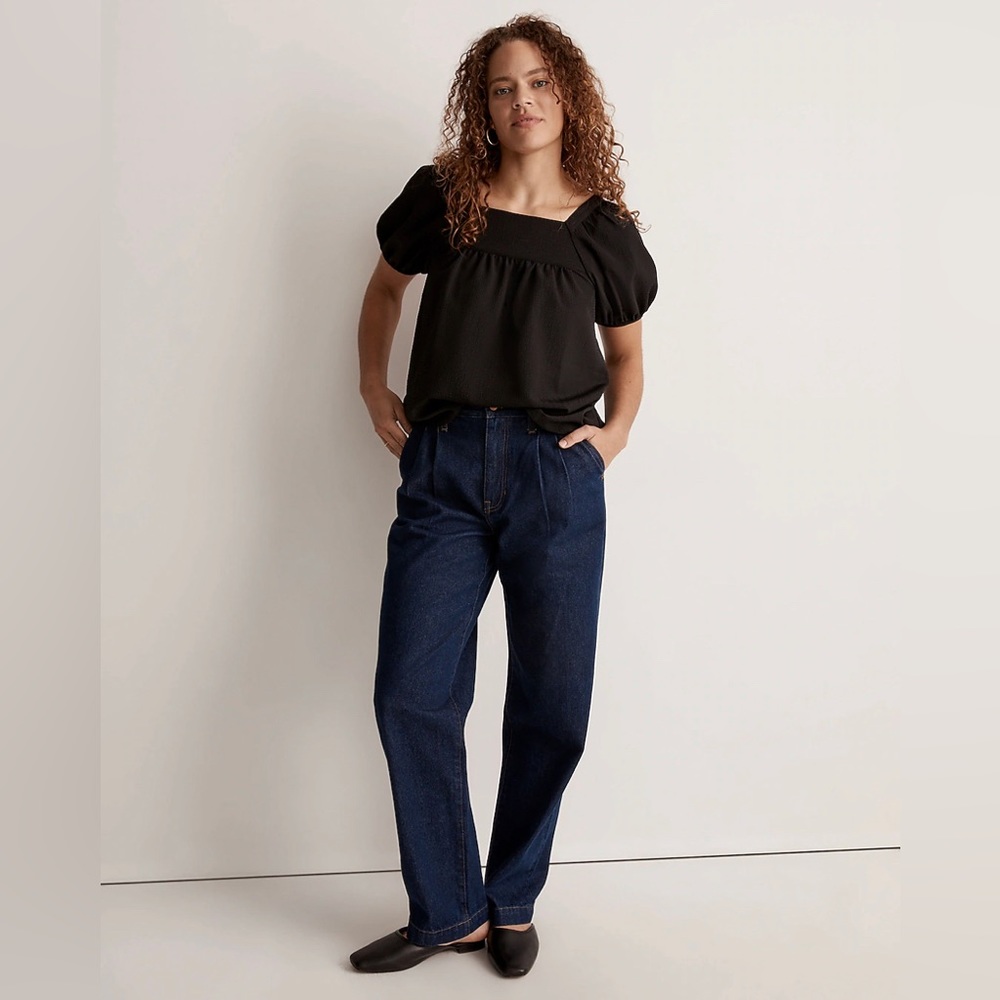 NWT MADEWELL Squareneck Bubble-Sleeve Black Top in Size Medium
